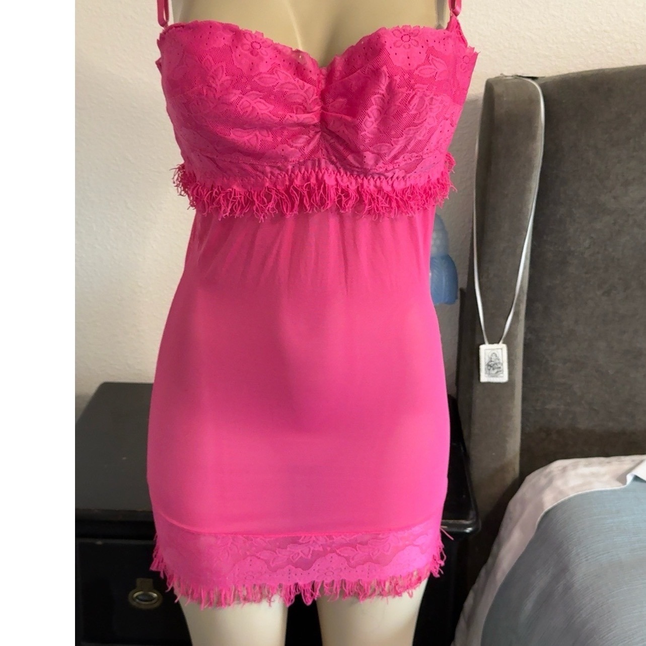 Vintage Y2k Rampage Barbiecore Hot Pink Lace Babydoll Chemise 1x Fringe Babydoll
